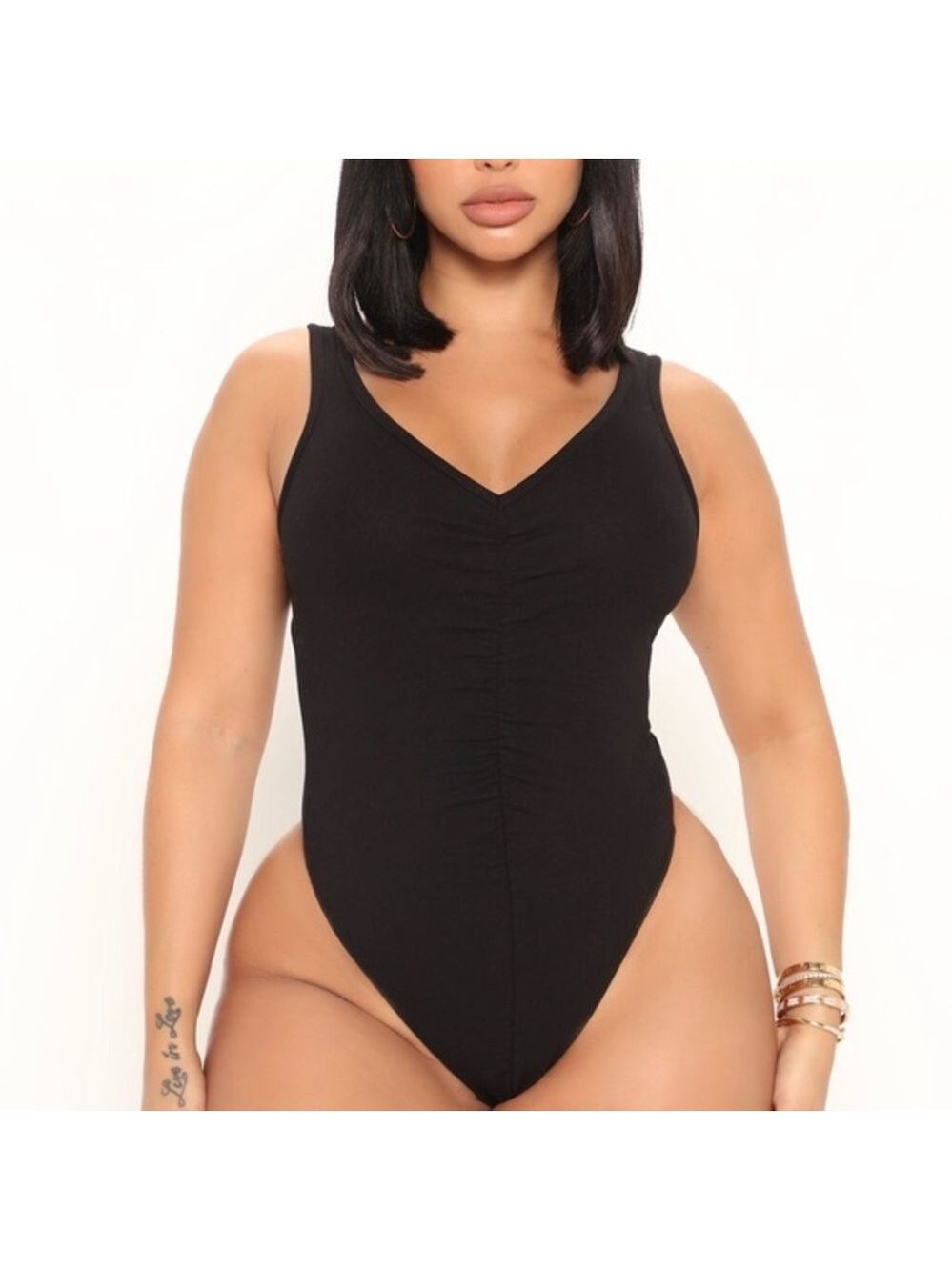New Black Ruched Bodysuit